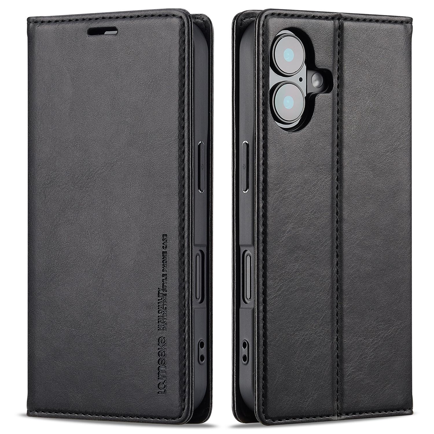 

LC.IMEEKE For iPhone 16 Leather Case RFID Blocking Card Slots Phone Cover Black