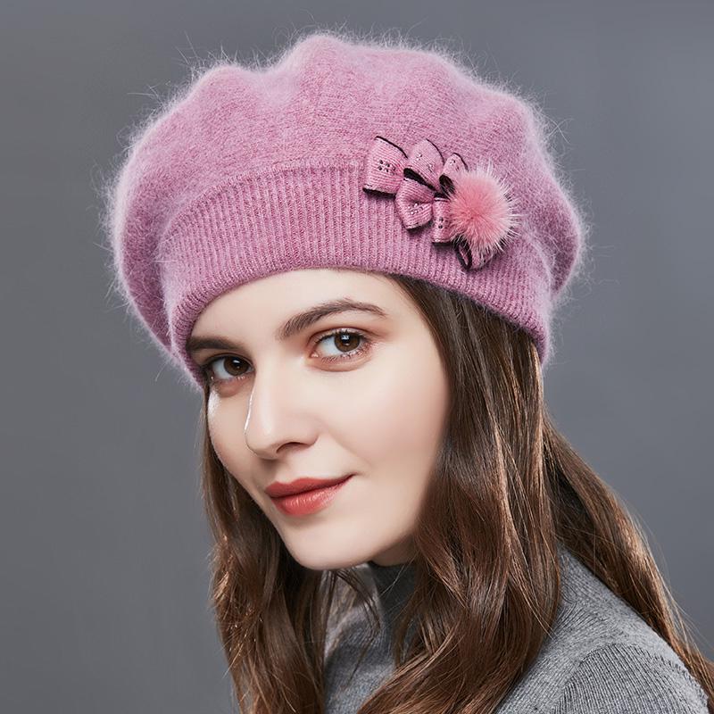 SOMALER Cashmere Winter Beret Hats for Women Knitted Middle-aged Lady Caps Bowknot Decoration On Side