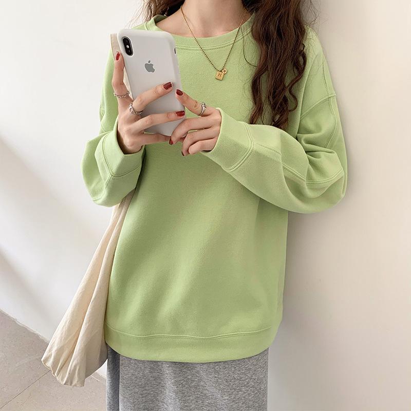 

Зеленый свитшот для женщин весна и осень тонкий стиль осень новый пара круглый вырез оверсайз длинный рукав свободный топ для женщин L