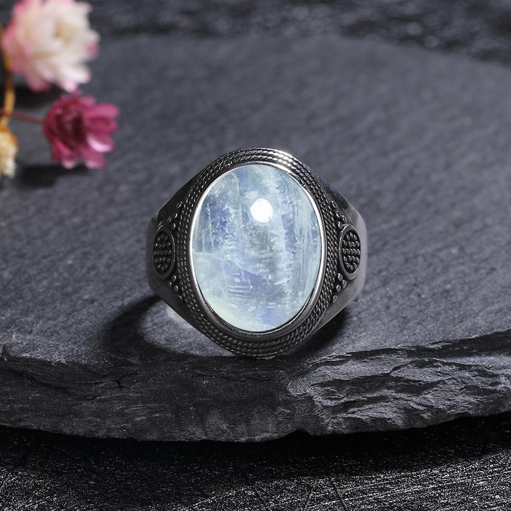 Silver Rings Large Natural 10x14MM Black Agate Ring for Women Men Silver Party Jewelry Tiger Eye Turquoise Lapis