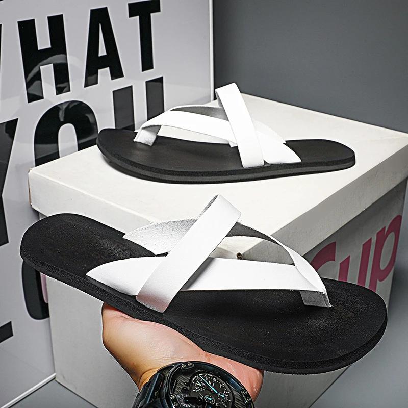 Fashion High Quality Summer Men Outdoo Walking Slippers Casual Leather Breathable Flip Flops Minimalist Beach Sandal Holiday Comfy Flats