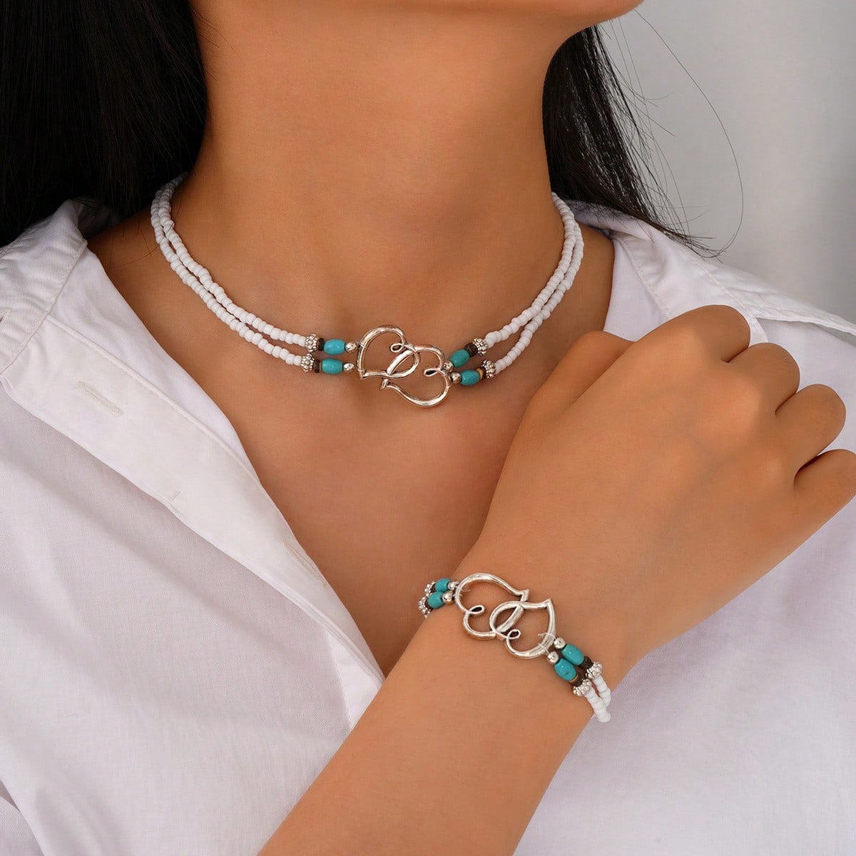 

2pcs Bohemian Style Double Heart-shaped Pendant Necklace and Bracelet Set, Perfect for Beach Vacations, Anniversaries, Birthdays, Holiday Gifts белый