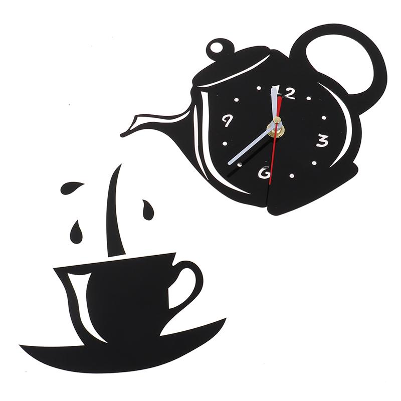 Diy Acrylic Coffee Cup Teapot 3D Wall Clock Decorative Kitchen Wall Clocks Decor