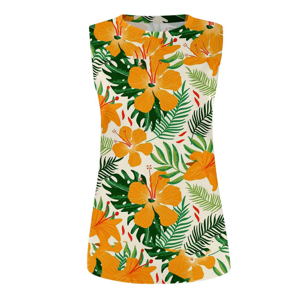 Blusa Regata Casual Feminina de Gola Redonda Sem Mangas com Estampa Havaiana X