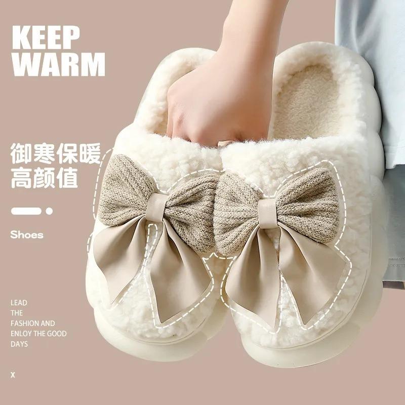 Bow Cotton Slippers 2025 New Cotton Shoes Home Autumn and Winter Indoor Warmth Cotton Mop Hair Tray Winter