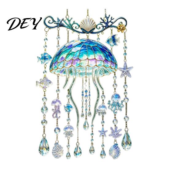 Stained Glass Style Suncatcher Ocean-Themed Crystal Wind Chime, Acrylic Jellyfish Seahorse Pufferfish Hanging Ocean Theme Chimes with Prism
