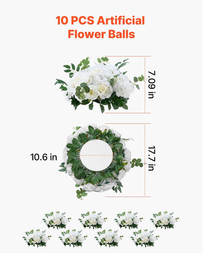VEVOR Flower Balls Arrangement Bouquet 10 PCS, 450 Mm Diameter Artificial Flower Balls Wedding White Roses Centerpieces