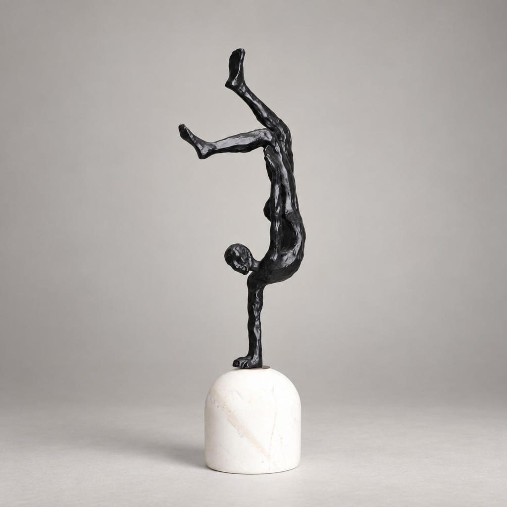 Inverted Pose Human Sculpture Metal Finish with White Pedestal