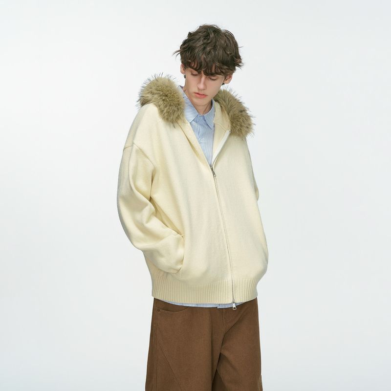 

Dream Made American-Style Cleanfit Fur Collar Hooded Cardigan Sweater for Men, Autumn and Winter Couple Knitwear Jacket Apricot color M