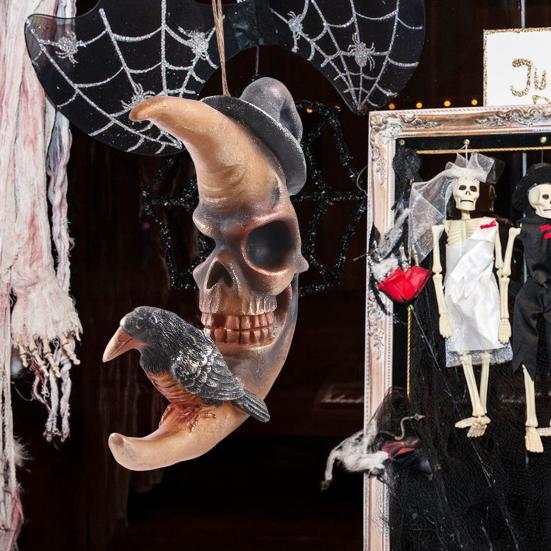 Halloween Moon Decoration Crow On The Moon Ornament Gothic Skull Face Moon with Witch Hat Decoration for Indoor