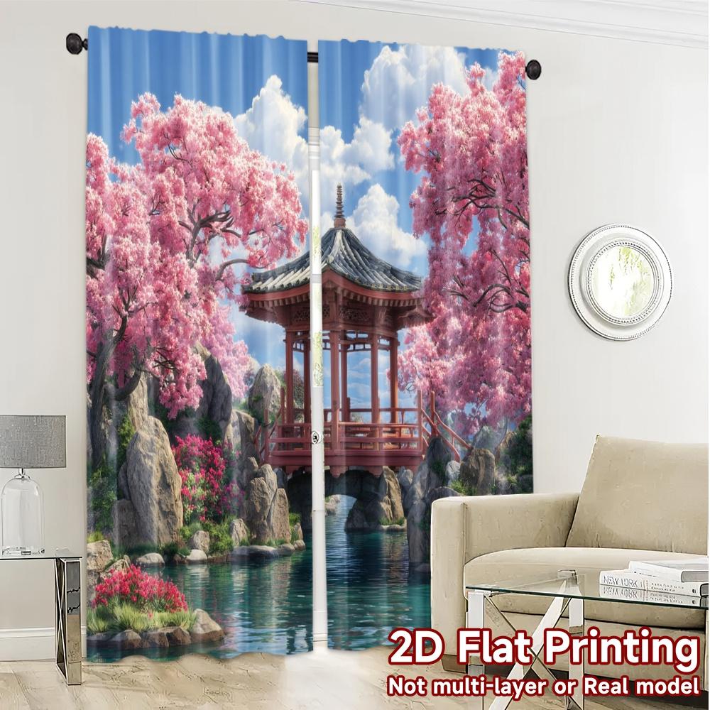 2pcs   2D FLAT PRINTING Curtains (Without Rod) CherryGardenPagoda Chic Curtains&Window Treatment Durable Polyester Curtains