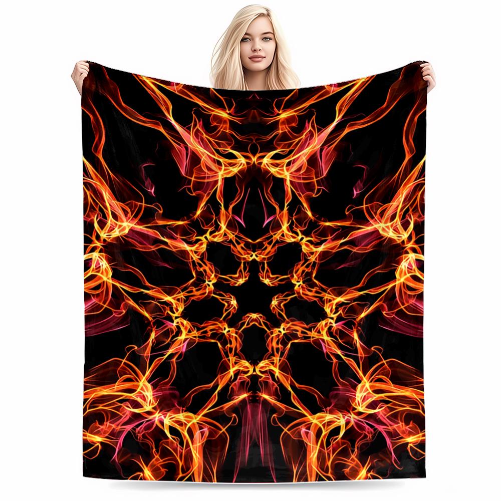 Fiery Abstract Symmetrical Blanket with Black and Orange Design Pattern Blanket, Suitable for Use In the Bedroom, Living Room, On the Sofa