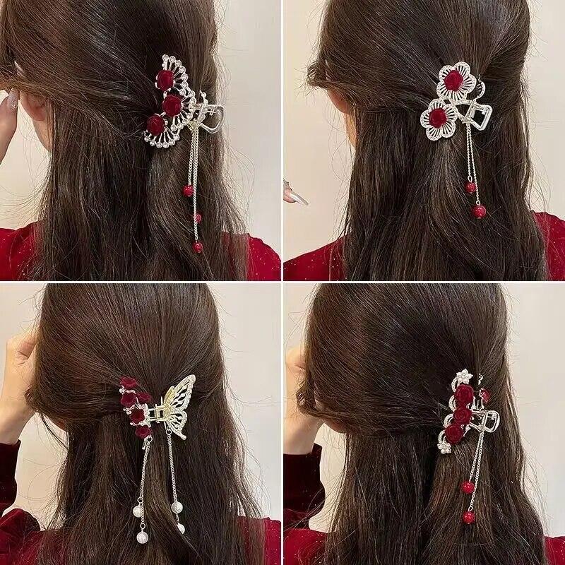 Vintage Velvet Red Rose Hair Claws For Women Luxury Metal Clamp Clip Barrettes Hairpins New Rhinestone Hair Accessories Headwear