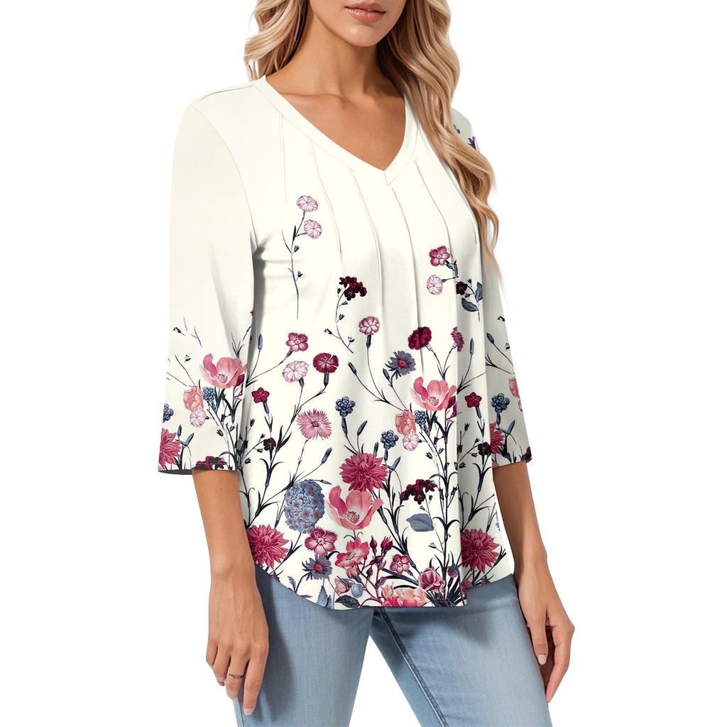 Dámské ležérní topy s výstřihem do V, pruhovaným potiskem a sedmirukávovým střihem