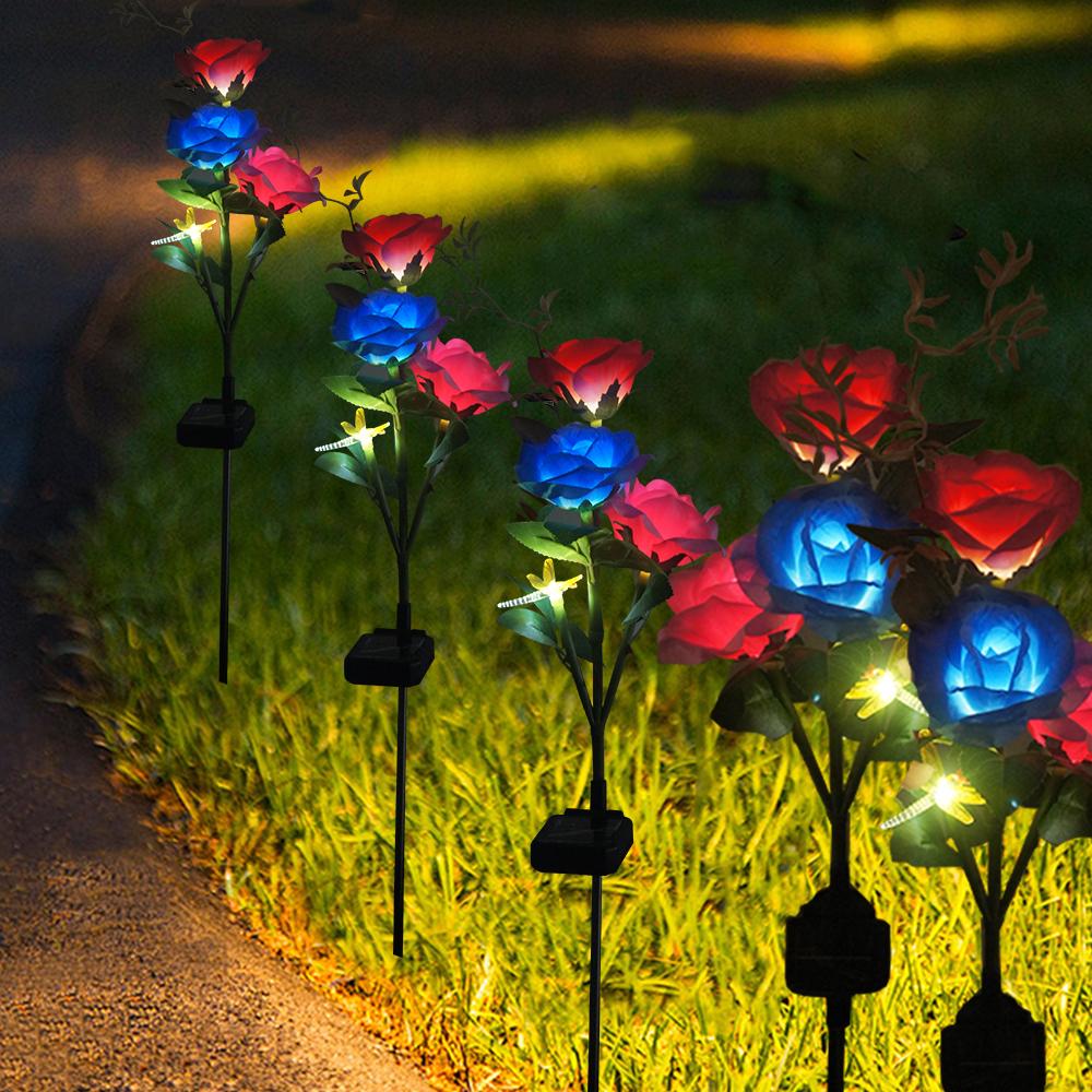 3 Heads Solar Lights Outdoor Decorative Solar Garden Lights Rose Flower Lawn Stake Lamp for Yard Patio Decor with Dragonfly