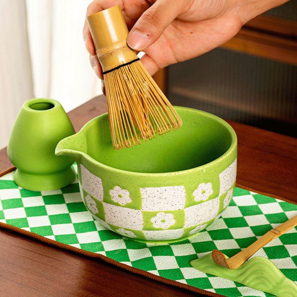 Checkered Sakura Pattern Matcha Whisk Stand Ceramic Green Tea Maker Cup for Tea Set Accessories