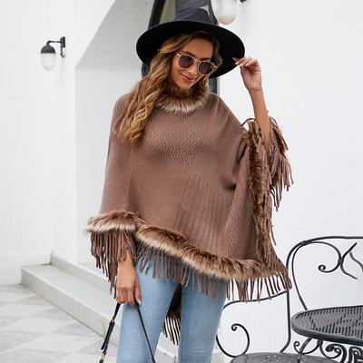 Mao Mao Yu Women's Solid Color Tassel Cape: 2023 Autumn/Winter European & American Loose Knit Pullover Shawl