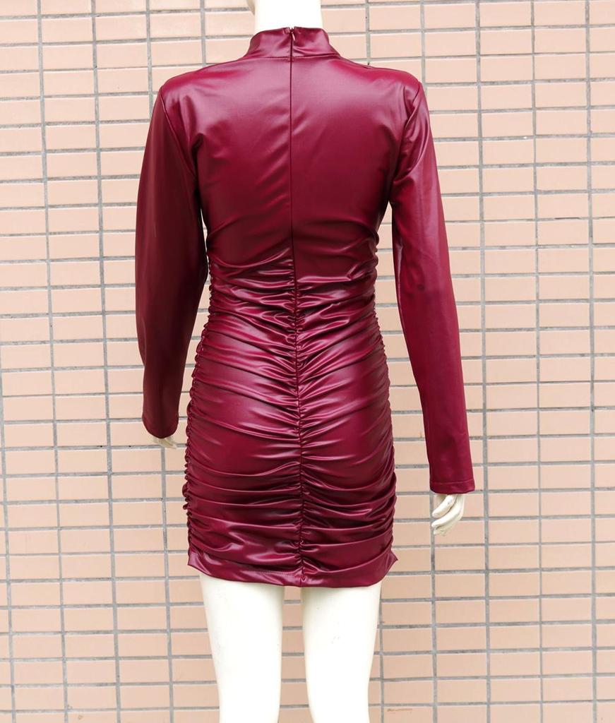 2022 Women's Faux Leather Stand-up Collar Pleated Bodycon Dress - European & American Fashion