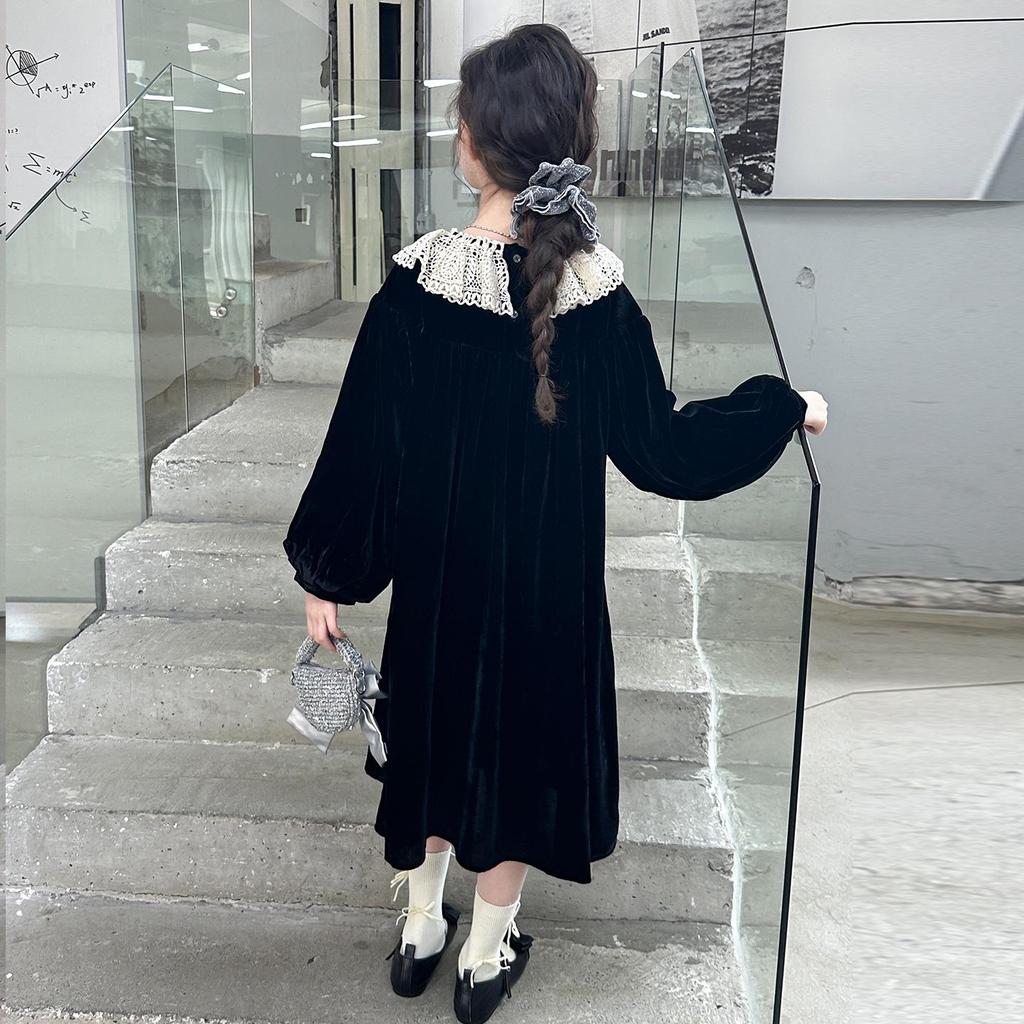 Rochie de Prințesă din Catifea 2025 pentru Fete: Stil de primăvară și toamnă cu guler cu bordură de dantelă