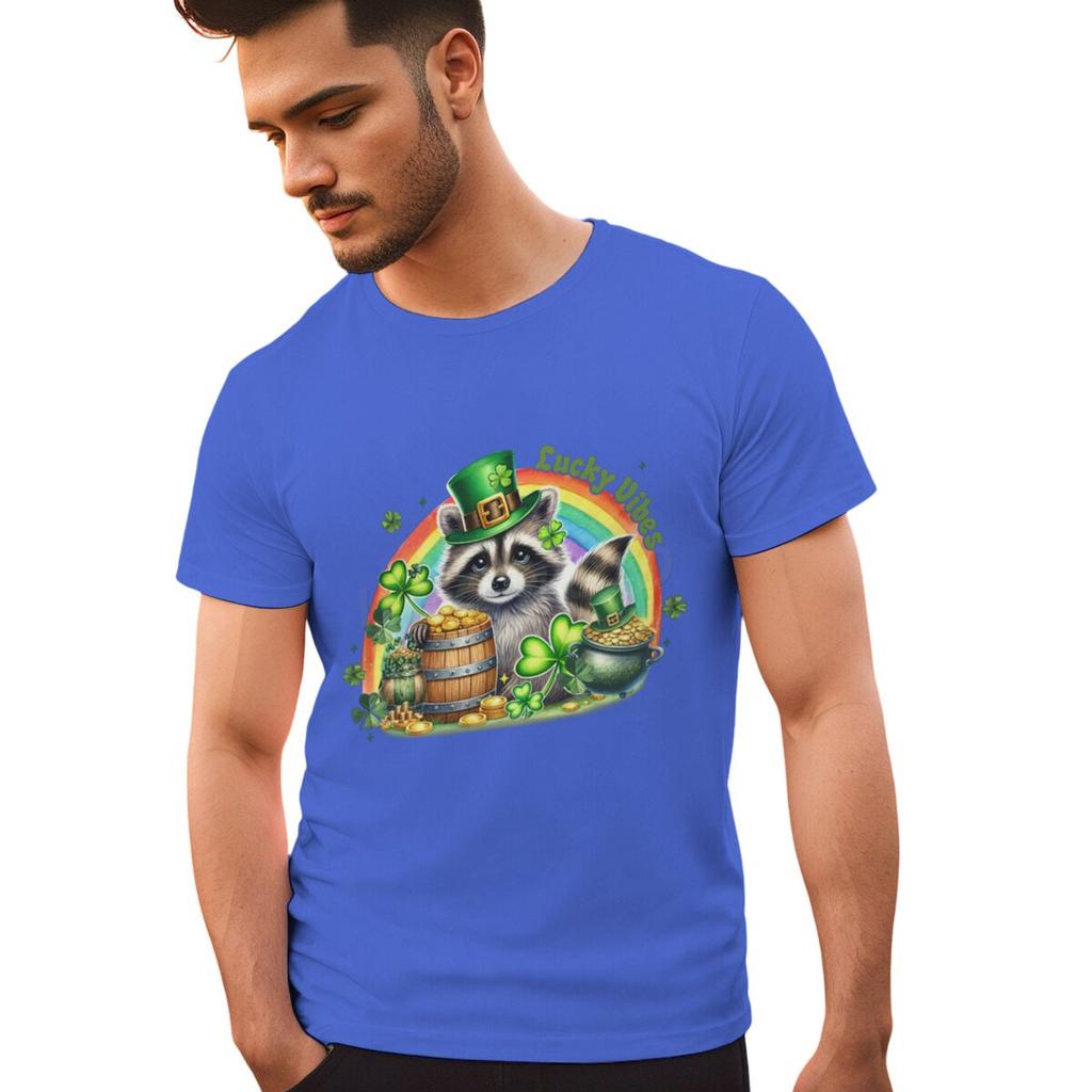 St Patricks Day Raccoon Shirt Lucky Vibes Short Sleeve Round Neck Tee Cartoon Lucky Raccoon St Patricks Day Unisex TShirt