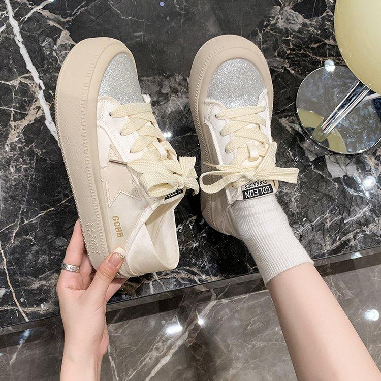 Leather thick-soled stars two wear casual little white shoes women's 2025 new satin-faced lazy people step on heel shoes soft-soled shoes