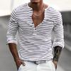 Herren gestreiftes Henley-Shirt Langarm Freizeit Knopfleiste V-Ausschnitt T-Shirt