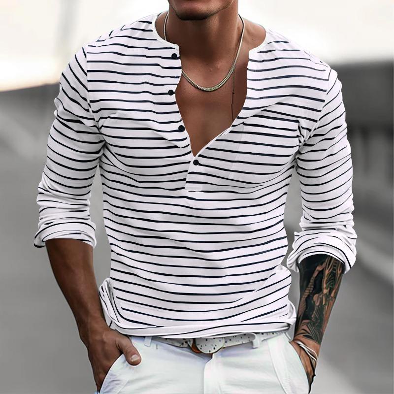 Men Striped Henley Shirt Long Sleeve Casual Button Down V Neck Tee S белый