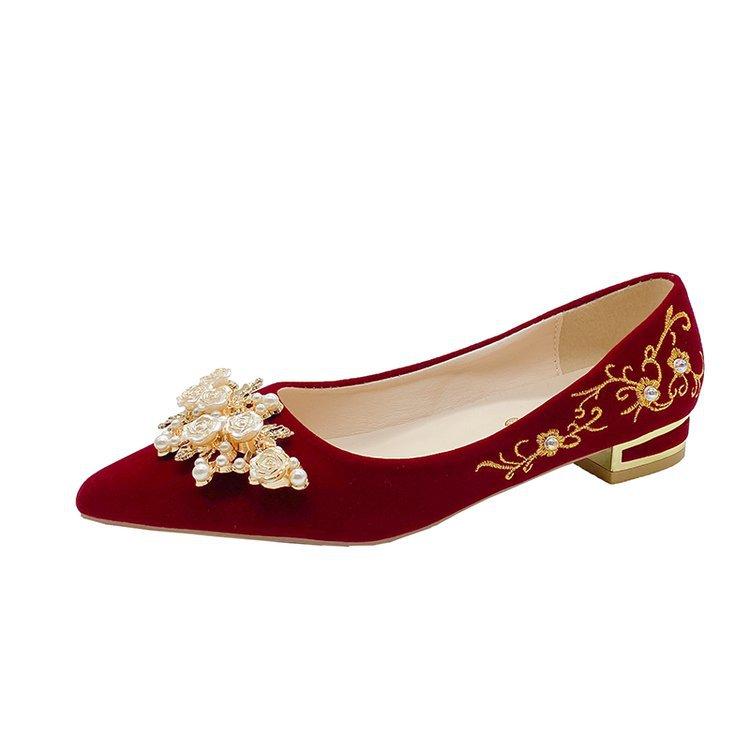 

Свадебные туфли Xiuhe, женские красные туфли на толстом каблуке, не уставшие туфли для невесты 2024 года, новые китайские остроносые свадебные туфли для тостов 34