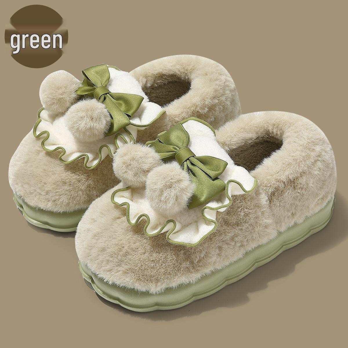 

Women s Winter Bowknot Plush Cotton Slippers - Non-Slip, Thick Heel-Covering, Furry Indoor Shoes Size 38-39 (24cm) зелений