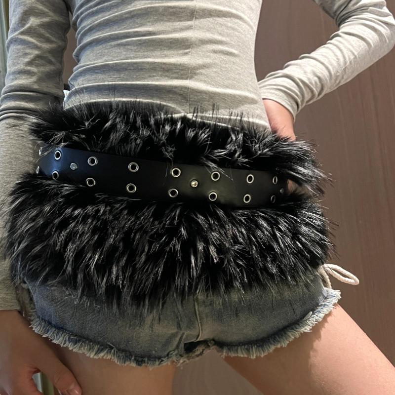 1 Peça Cós de Vaca Peludo para Boate Corrente de Cintura de Pelúcia Cinto Punk de Inverno Y2K Contas de Metal Vintage Peludo Sexy Cintos de Pele Sintética Moda