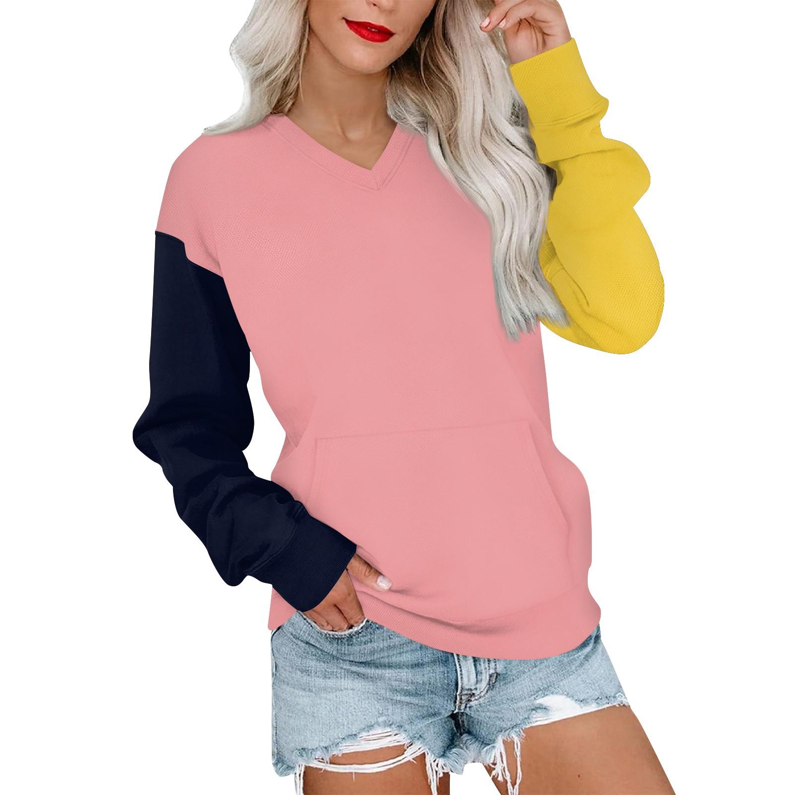 

Жіночий повсякденний модний світшот з V-подібним вирізом, довгим рукавом та кольоровим блокуванням, легкий пуловер з кишенями L шафрановий