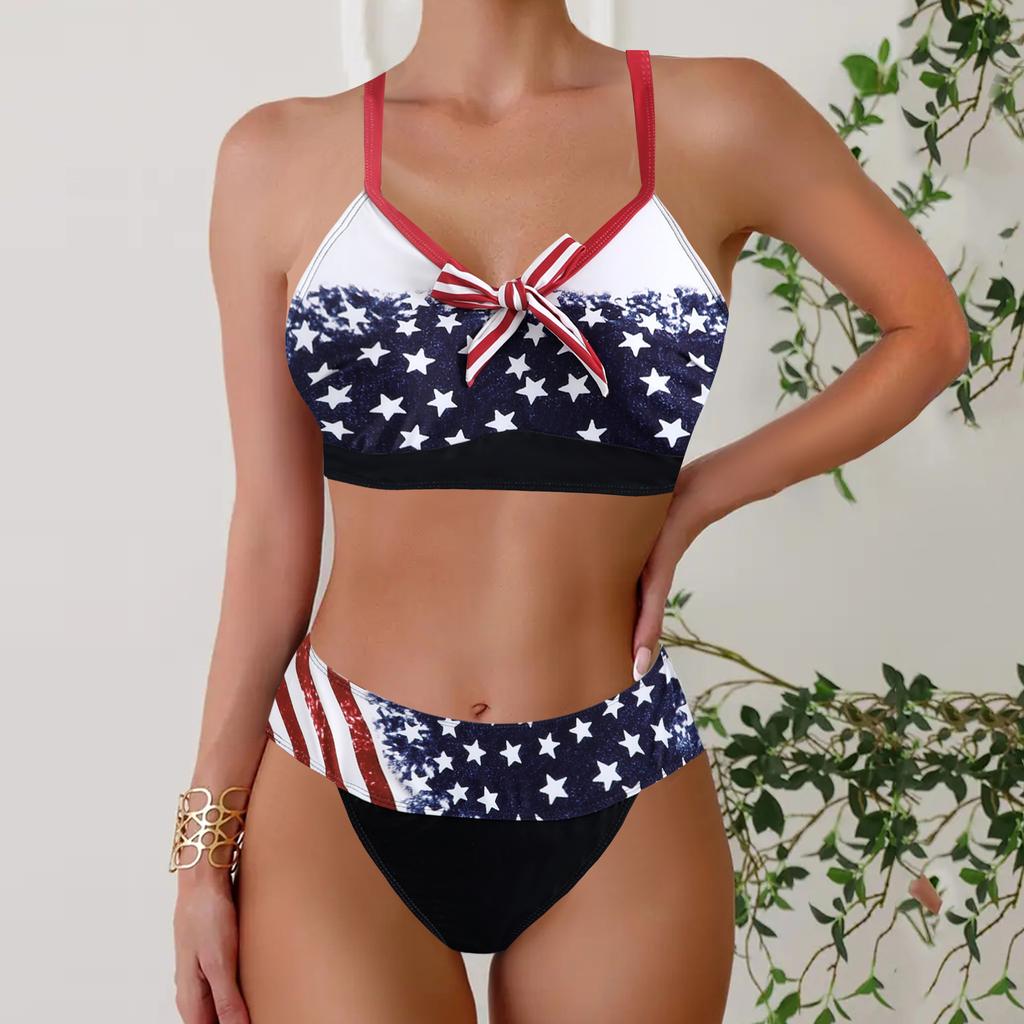 Plus Size Women Fashion Sexy Round Neck Spotted Bow Bikini Set Slim Fit Beach Swimsuits Two Piece Set