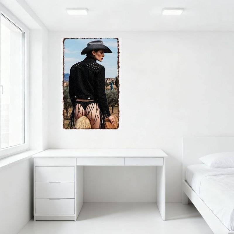 Sexy Woman with Tassels & Horse Outdoor Vintage Tin Sign - Cowboy Hat Denim Jacket Olive Trees Blue Statue Wall Decor for Bar Ho