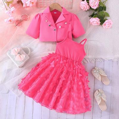Girls Short Suit Jacket + Butterfly Mesh Suspender Long Skirt Two-piece Set
