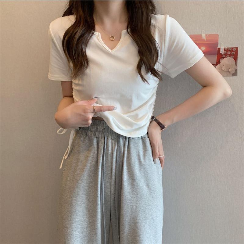 GMXIA Pure Style Design Sense V-neck Drawstring Slim-fit Pure Short Sleeve T-shirt Women's Summer Solid Color Top Trend