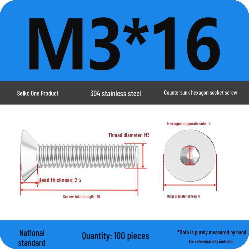 M2-M10 Stainless Steel Flat Head Machine Screws and Bolts Set, Countersunk Hex Socket Cap, 304 Grade.