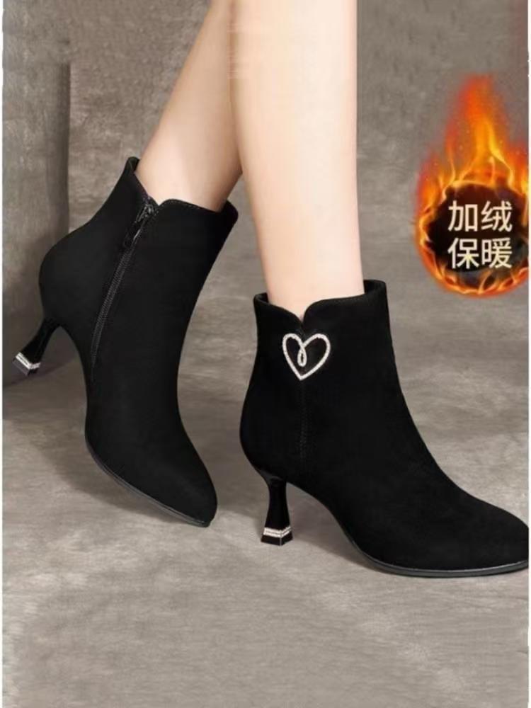 

fine heel matte suede fashion boots autumn and winter new velvet warm short boots high heel pointed bare boots 35