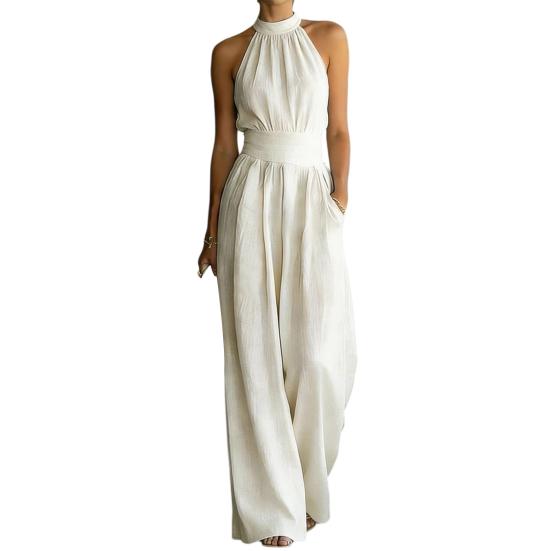 Women's Halter Neck Jumpsuit, Sleeveless Casual Wide Leg Rompers, Summer High Waist One Piece Outfits with Pockets