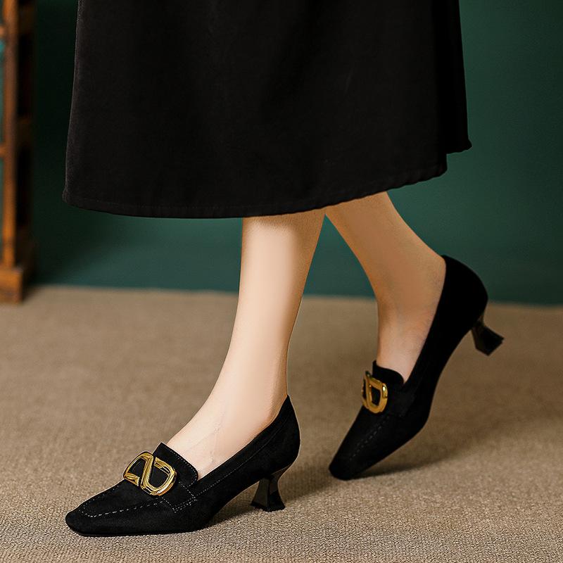 Square head single shoes women's 2025 new college style women's shoes spring and autumn professional work shoes women's black high heels stiletto