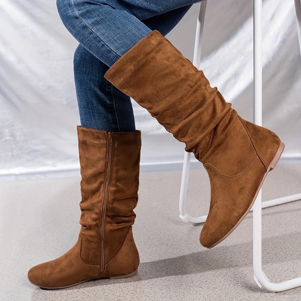 Women'S Solid Color Trendy Boots, Side Zipper Casual Flat Mid Calf Boots, Minimalist Round Toe Boots
