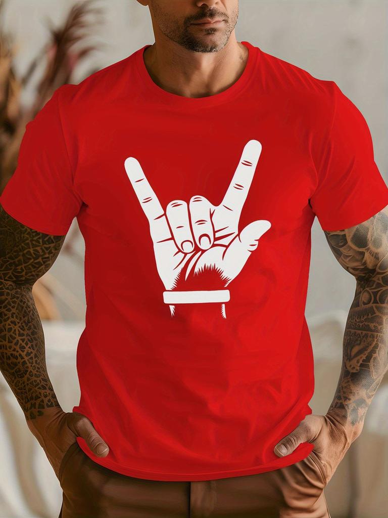 Rock Hand Gesture Print Unisexs T Shirt Heavy Metal Rock Music Fan Short Sleeve Crew Neck Cotton Tee Concert Casual Daily Top