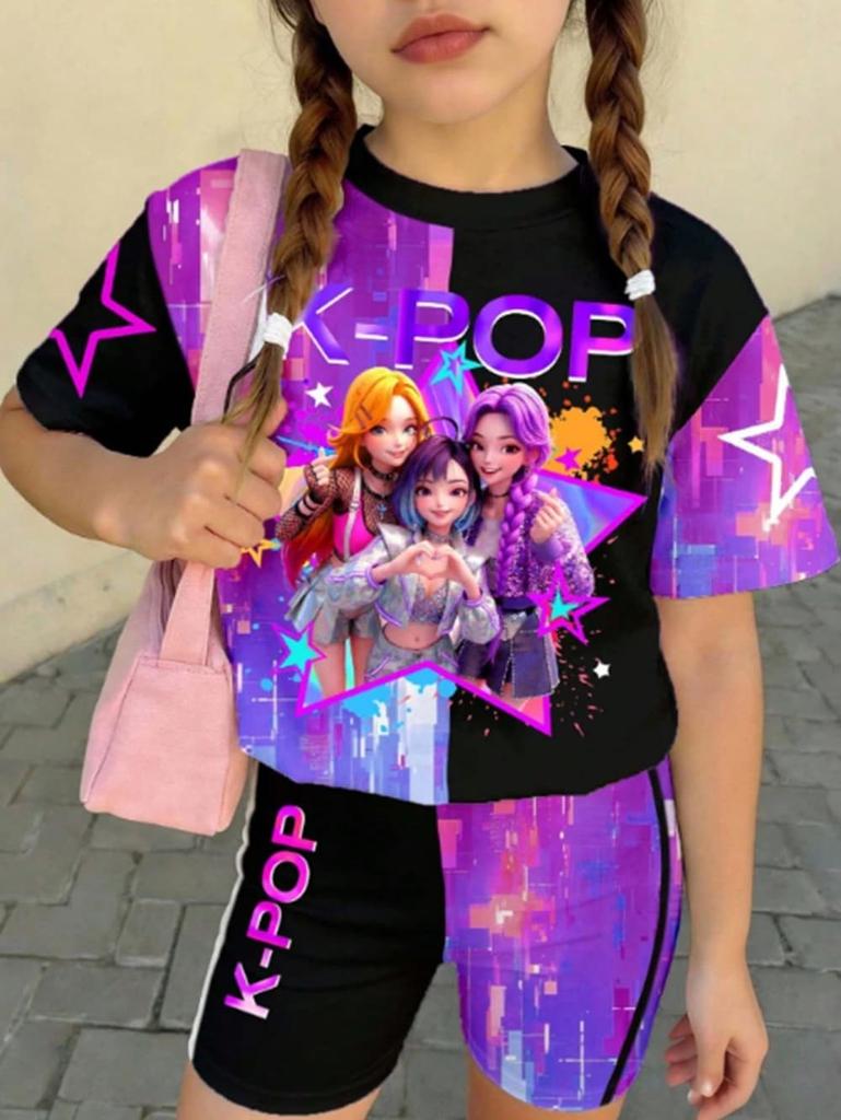 Conjunto de Camiseta y Pantalones Gráficos de Dibujos Animados Kpop para Niñas Ropa de Verano para Niñas Lindo Conjunto de Manga Corta Conjunto de Camiseta y Pantalones Cortos para Niños