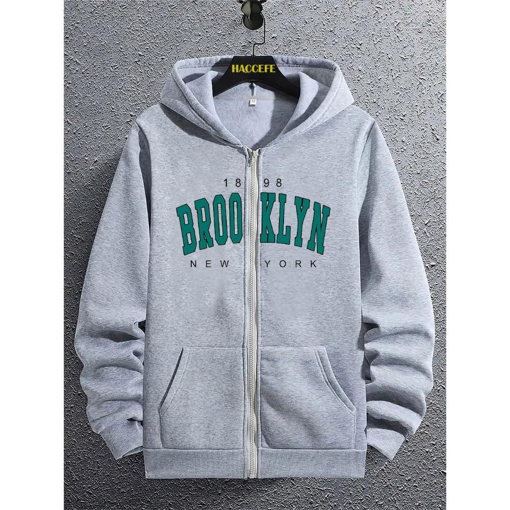 Men's Casual Fashion Hooded Sweatshirt, New York Letter Print, Zipper Hooded Sweatshirt, Fashionable Urban Style, Fashionable Urban Style