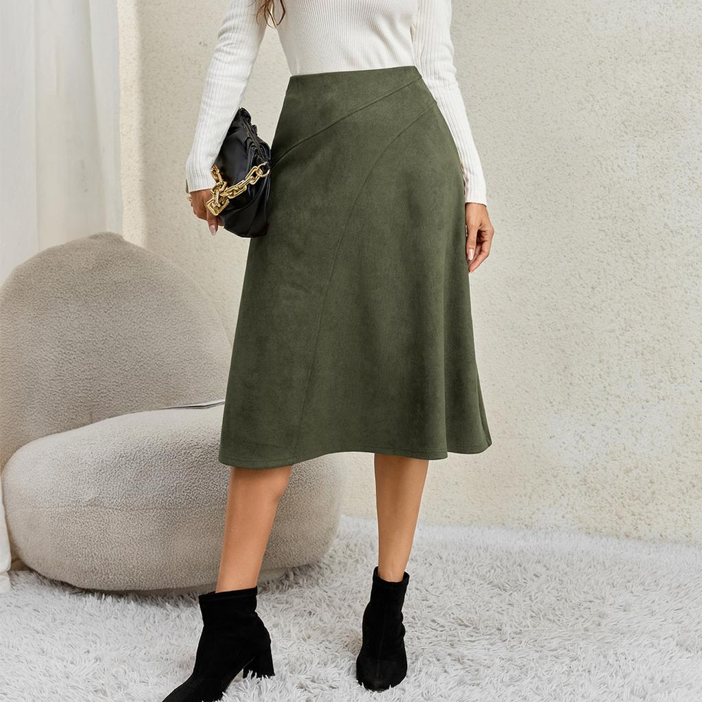 Women's Patchwork A-Line Midi Skirt with High Waist Elastic Waistband and Zipper