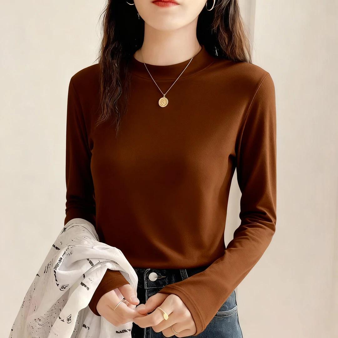 

Women s Brushed Fleece Stand Collar Base Layer Shirt - Solid Color, Long Sleeve, Plus Velvet, Casual Autumn/Winter Top XXL