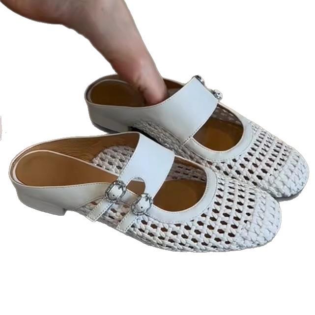 Cowhide version~ Hollow and breathable half slippers women's 2025 new versatile casual one-pedal bag head slippers flat shoes