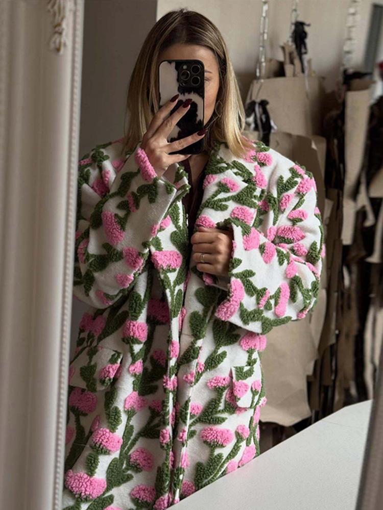 Women's Floral Patterned Jacket Women's Granular Velvet Jacket Ladies' Oversized Suit 2026