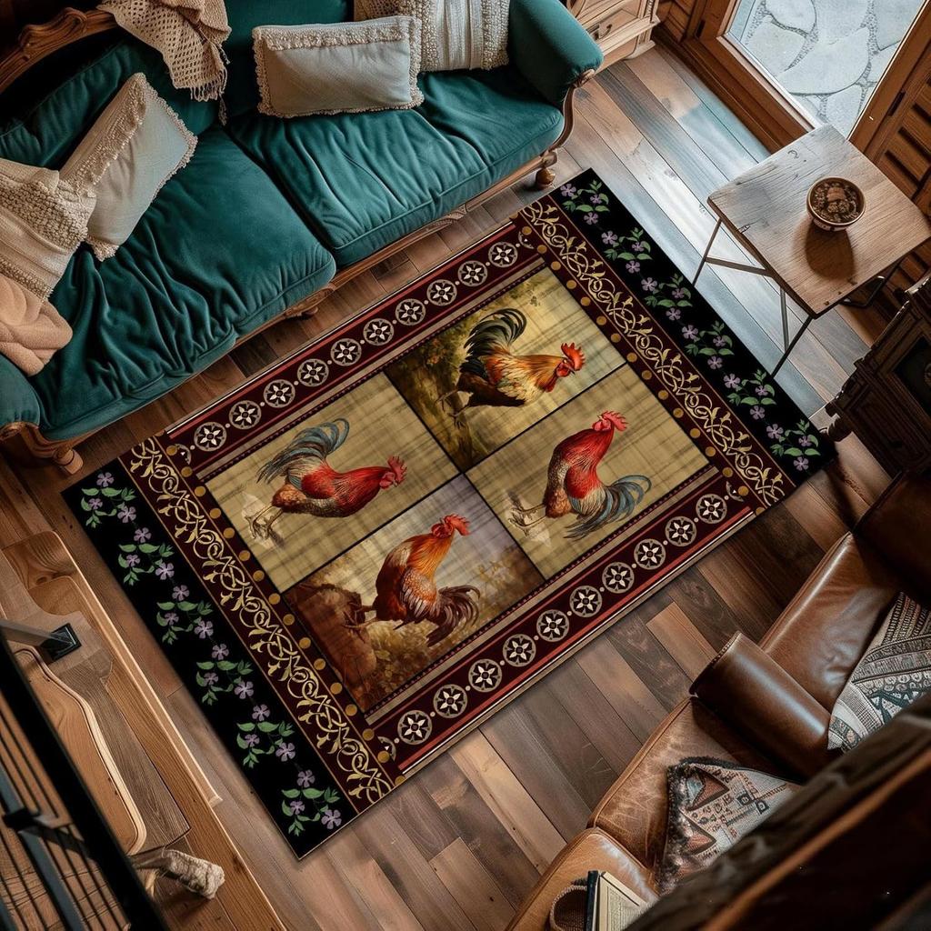 Village Country Rooster Rug Living Room Non-Slip Rustic Area Rug Modern Chicken Carpet Cock Mat, Soft Farmhouse Home Decor Rugs