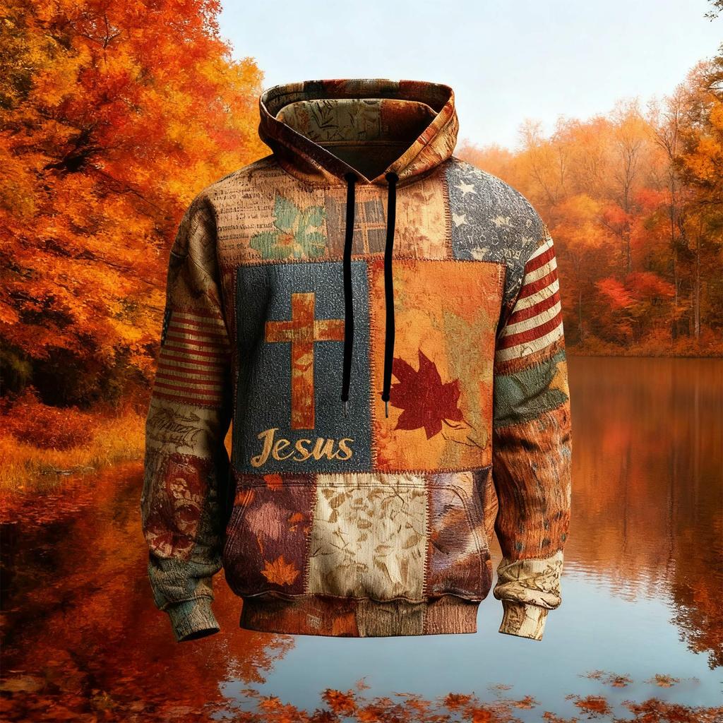 Men's Retro Casual Cross Art Print Oversized Drop-Shoulder Pockets Hoodie