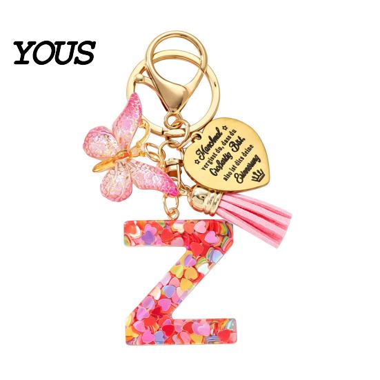 Keychain Pendant Pendant, Sequins Initial Letter Charm Key Chain with Butterfly Tassel Stainless Durable Steel Heart Design, A-Z Holder for Bag